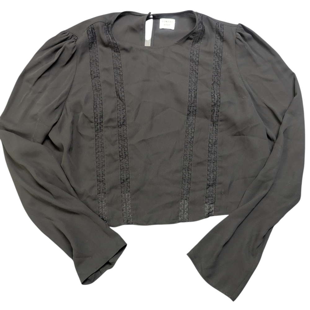 Sunday Best Aritzia Black Cropped Long Sleeve Lace Trim Blouse Size Large
